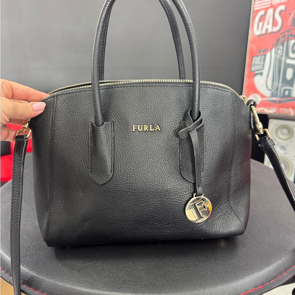 Furla Black Satchel with Gold Accents